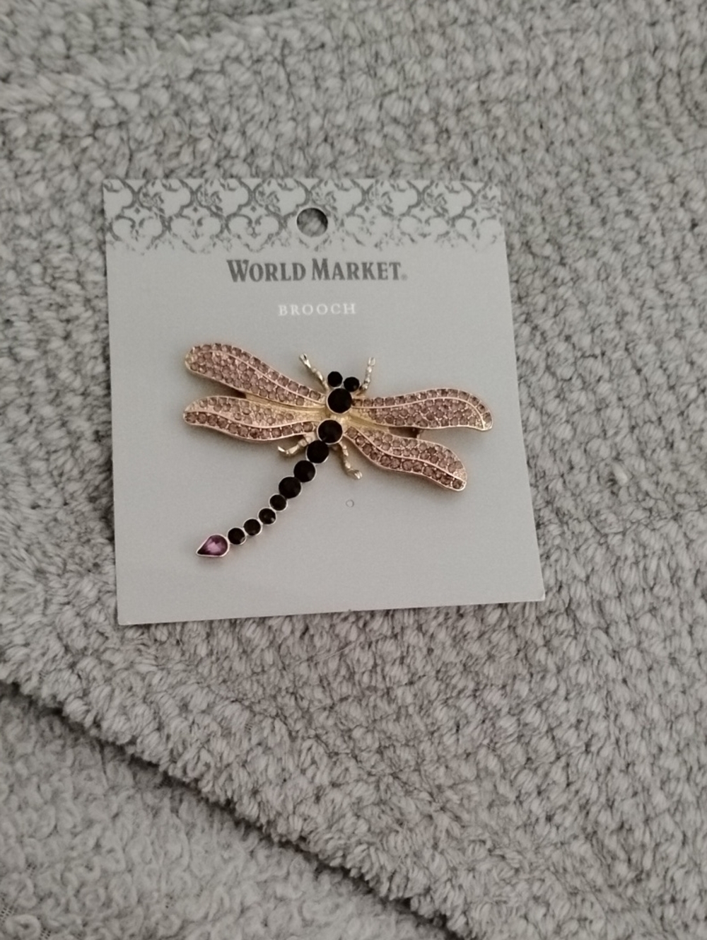 Cost Plus World Market Rose Gold Dragonfly Brooch with Black and Pink Accents